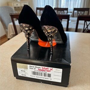 Karen Millen Black Velvet Heels with Embellished Heel